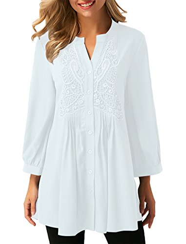 Iooho Women Long Sleeve Notch Neck Pleated Loose Blouse Tunic Top(White,L)