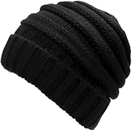 Phelrena Unisex Winter Warm Cable Knitting Hat Parent-Child Hats Wool Baggy Slouchy Thick Beanie Skull Cap For Women Men 2 Packs (Black)