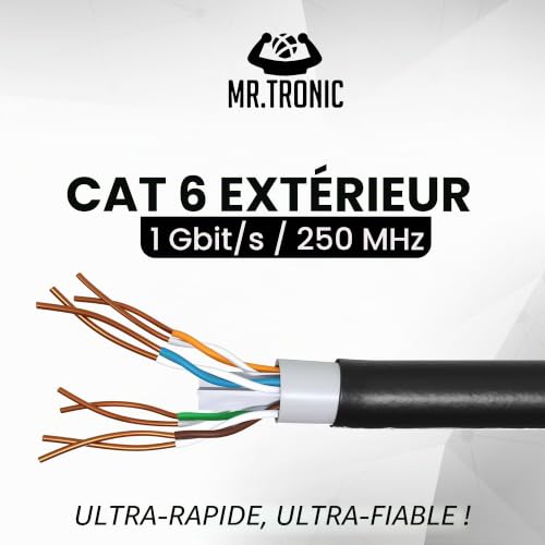 Mr. Tronic Outdoor Waterproof Ethernet Cable 50m, Bulk Network LAN Cat 6 High Speed Fast Internet 1Gbps, AWG24 Ethernet Cable, Cat6 Bulk UTP CCA (50 Metres, Black)