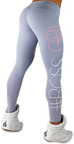 Marsbros Women Full-Length Yoga Workout Leggings Thin Capris (L, Grey Boss Girl)