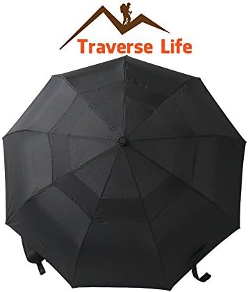 Traverse Life - Double Canopy Windproof Fiberglass Compact Umbrella - Heavy Duty, Durable Teflon Coating, Water-Repellent Fabric - Auto Open/Close Travel Umbrella w/ Carrying Case (Black)
