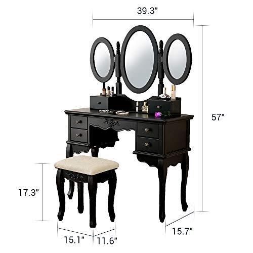 Vanity Makeup Table Set Tri-Folding Mirror Dressing Table with Padded Stool and 6 Drawers, Bedroom Vanity Table Writing Desk with Removable for Girls Women,Black