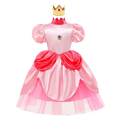princess peach dress amazon Disguise Princess Peach Costume Dress Nintendo Super Mario Bros Deluxe Dress Up Outfit for Girls Kids Size Medium (7-8)