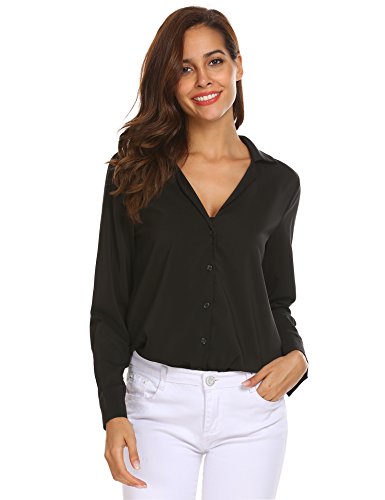 Unibelle Women's Casual Chiffon V Neck Button Down Long Sleeve Blouse Tops