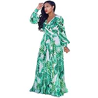 Nivalkid Womens Bohemian Floral Printed Chiffon Dress Stylish Full Sleeve V-Neck Waisted Belt Maxi Dress Green
