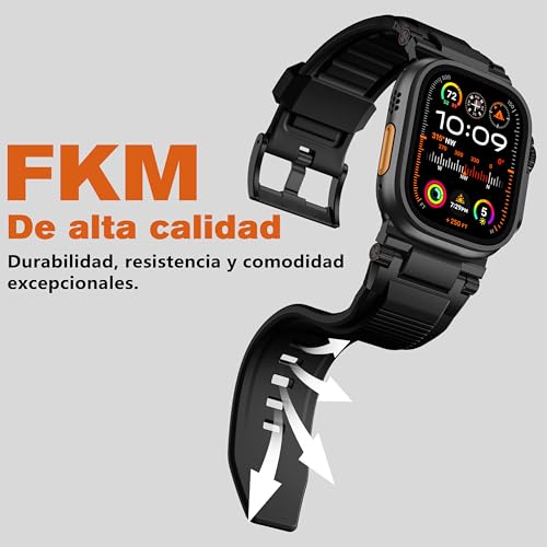 Bandletic R-Steel Strap Compatible with Apple Watch Ultra 2/Ultra 49mm, Series 10 46mm 9/8/7 45mm SE2/6/SE/5/4 44mm 3/2/1 42mm, Robust FKM Replacement Bracelet with Elegant Design Metal Connector, Black