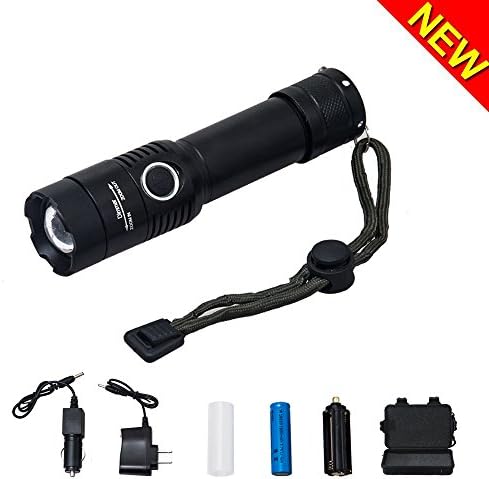 Rechargeable LED Flashlight, Entar Waterproof Bright Torch Flashlight , 3 Lighting Modes Zoomable Adjustable Focus, 18650 Battery And Wall &amp; Car Chargers