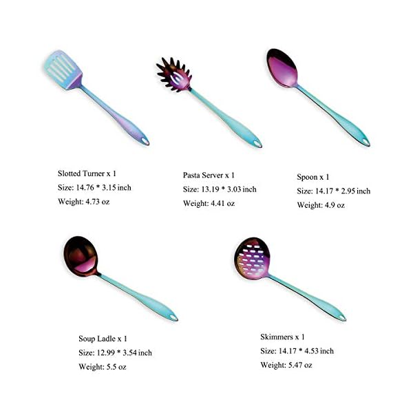 HOMQUEN Stainless Steel Kitchen Utensil Set - 5 Cooking Utensils, Rainbow Color Nonstick Kitchen Utensils Set, Colorful…