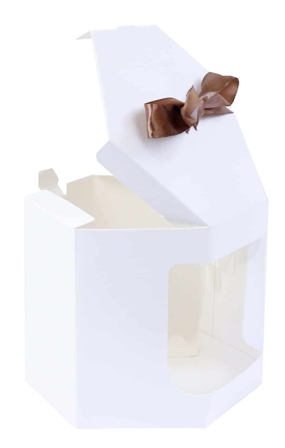 Emartbuy Strong Paper Stand Up Hexagon Gift Bag, 10 cm x 10 cm x 12 cm, White Kraft Bag Cupcakes Cookies Muffin Pie Box with Clear Window and Ribbon - Pack of 12 — image 1
