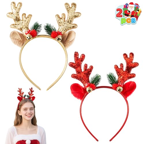 JOYIN 2 Pcs Golden & Red Reindeer Headbands with Glitters, Reindeer Antlers Decor with Cute Gold Bells, Christmas Hair Band Accessories for Adult and Kids for Holiday Party Cosplay