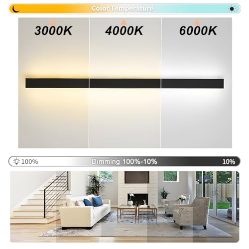 ZTWLEED Dimmable Indoor Wall Light, 44W Modern Wall Lamp with Remote Control 2.4GHz, 3000K-6000K Adjustable Acrylic Wall Light for Bedroom, Living Room, Hallway, Stairs, 120 cm, Black, 110-240 V