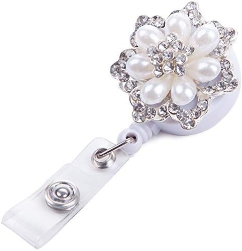 Retractable Badge Holder, Badge Reel, ID Badge Holder Reel Clip Retractable with Bling Rhinestones Flower for Nurse