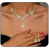 Fyvos Rhinestone Jewelry Set Crystal Tassel Necklace Earrings Set Sparkly Necklace Earrings Set Wedding Prom Formal Costume Jewelry Accessories for Women 