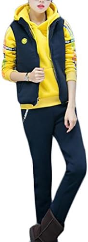 pujingge Women Casual Hoodie Long Sleeves Hoodie Swaetshirt+Pant+Vest Yellow S