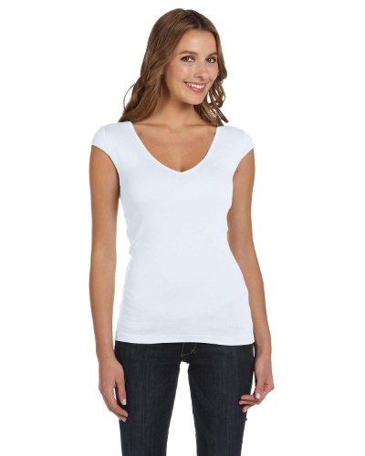 Ladies' Sheer Rib Cap Sleeve Deep V-Neck T-Shirt