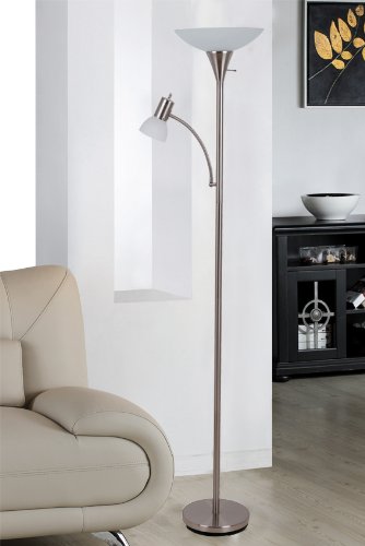 Catalina Lighting 17539-000 Traditional Metal Torchiere Floor Lamp with Reading Light and Frosted Glass Shade, Brushed Steel Classic