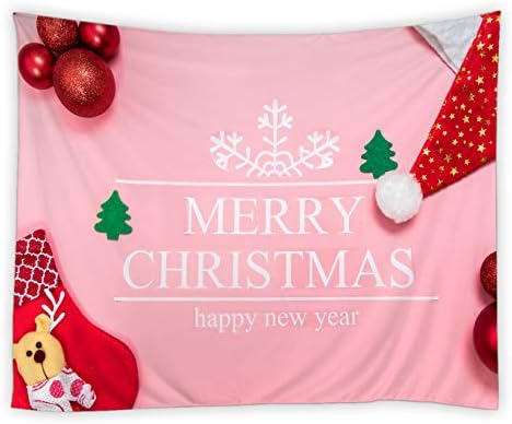AMHNF Christmas Theme Tapestry Simple Pink Red Christmas Hat Socks with 'Merry Christmas Happy Year' 200cm X 150cm(8060 inch) Environmentally Friendly and Soft Home Health Wall Hanging Tapestries