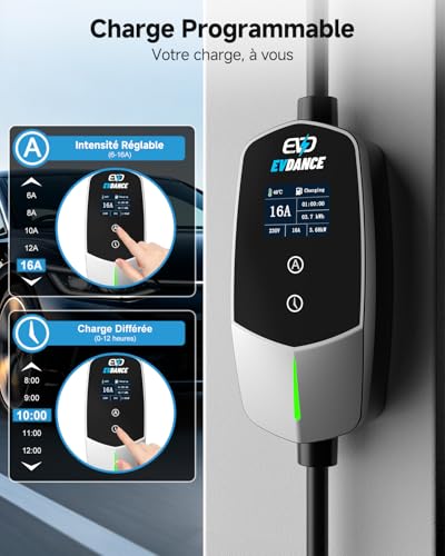 EVDANCE Electric Car Charger 3.68kW, 6.1m Electric Car Charging Cable, 6-16A Adjustable Current, 0-12h Programmable Delayed Load, IP66 Portable Type 2 Cable for EV IEC 62196-2, Silver
