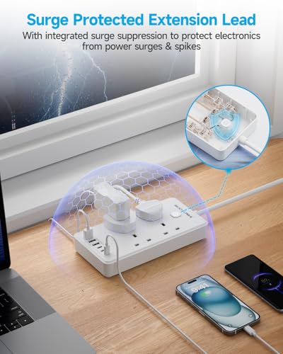 Extension Lead with 6 USB Slots (3 USB C), 4 Way Surge Protected Extension Lead 1.5M with Switch, Wall Mounted Multi Plug Power Strip for Home Bedroom Kitchen Office, White