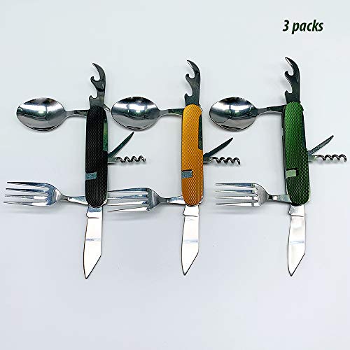 6-in-1 Multi-Function Camping Flatware Utensil Folding Knife Cutlery Detachable Pocket Kits with Storage Bags (3 Packs: Black + Gold + Green) - Thumbnail 4