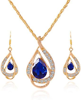 New Fashion Women Gold Plated Chain Crystal Necklace Earring Bridal Jewelry Set Blue.