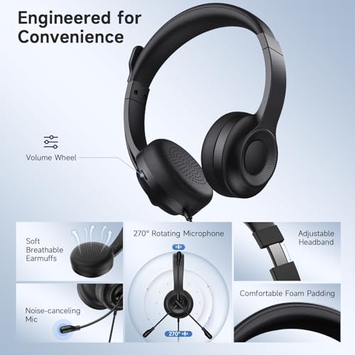 AOC USB Headset with Microphone, On-Ear Wired Headphones with Microphone, Noise-Cancelling, 40mm Audio Drivers, Headset for PC Computer Laptop Desktop Home Office Call Centers Teams Zoom (Dark Black)