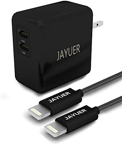 USB Wall Charger Jayuer Dual Port - Travel and Home with 2 Pack 6ft Nylon Braided 8 Pin Lightning to USB Data Charge Sync iPhone Cable for iPhone 7/7 PLUS/6/6S/5/SE/5S,iPad Air/mini(Black)