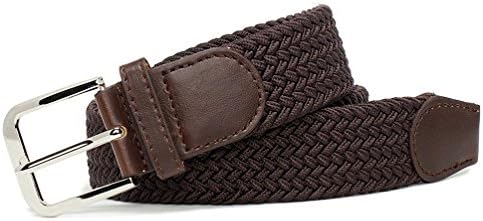 Men's Canvas Elastic Braided Stretch 1 3/8" Belt with polished Nickel/Silver buckle (Brown, M)