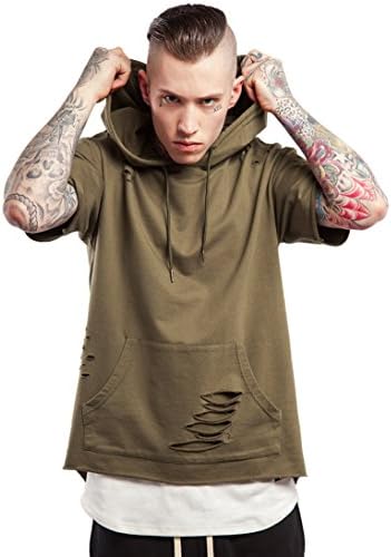 BACK217 Men's Ripped Pocket Hoodie Shirt (XXL, Olive)