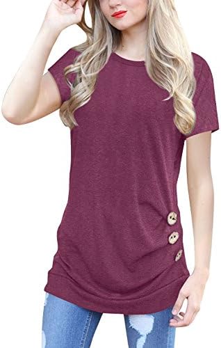 IVVIC Short Sleeve Shirts For Women O-Neck Patchwork Casual Loose Blouse Button Side Tunic Tops Winered(3)-L