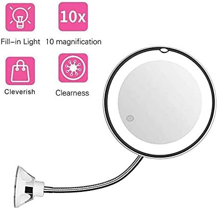 JJJZ LED Magnifying Makeup Mirror Wall Mount Lighted 10X Cosmetic Mirror 360° Swivel Locking Suction Cup Telescopic for Bathroom Vanity Shaving 3 x AAA Batteries (Not Included)