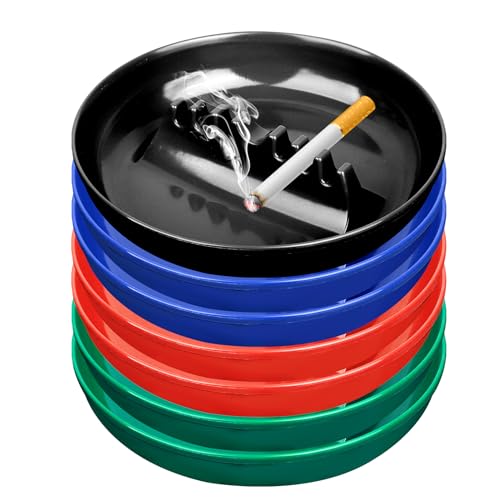 BESUPERT 7Pcs Assorted Colors Ashtray Sets, Ash Tray for Cigarettes and Cigar, Large Round Plastic Ashtrays, for Indoor Outdoor Home Office Patio Bar Hotel Use (2 Green 2 Red 2 Blue 1 Black)