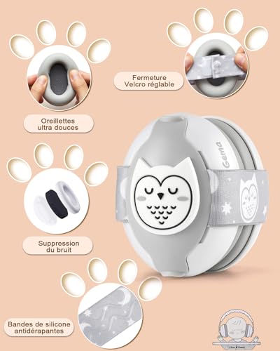 Lilian&Gema 2 in 1 Baby Noise Cancelling Headphones, Adjustable Anti-Noise Headphones for Children Under 48 Months, Owl Design, Sleep and Activities, Hearing Protection for Babies