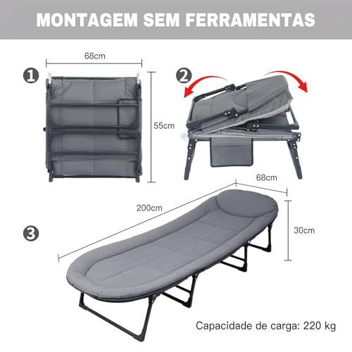 Cama Dobrável de Solteiro com Colchão Integrado, Estrutura de Aço Reforçada de 24mm e Suporte para até 220kg, Tecido de Linho e Oxford, Design de 8 Pés