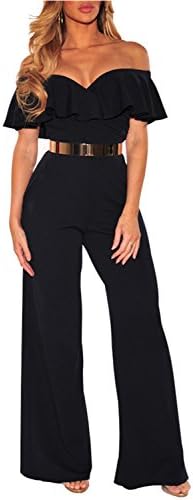 VIVOSKY Women Ruffle Off Shoulder Solid Jumpsuits Wide Leg Long Romper Pants Without Belt