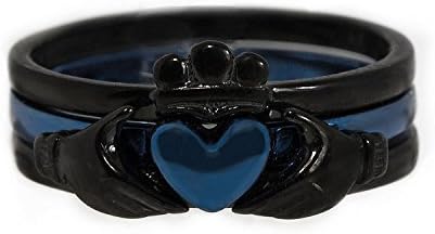 Claddagh Ring Thin Blue Line Stainless Steel Black and Blue 3 Piece Set