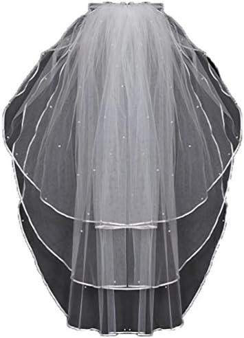 Sunny zeyu Elegant 3 Tiers Fingertip Pearls Short Ribbon Edge Wedding Veil With Comb White