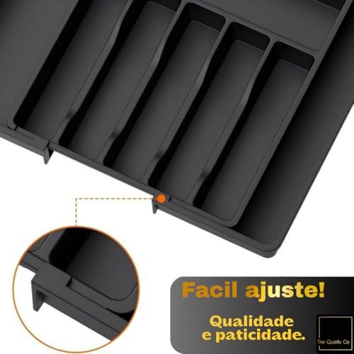 Porta Talheres Organizador Gaveta Ajustável com 8 Divisórias Preto Bandeja Grande Divisor Versátil para Cozinha Ideal Talher Utensílios Facas Suporte Separador Plástico Resistente.