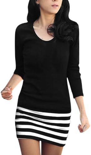 Allegra K Ladies Scoop Neck Full Sleeve Textured Stripes Mini Dress M Black