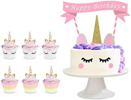 Unicorn Party Supplies Set of 56. Unicorn Cake Topper, Unicorn Cupcake Topper and Wrapper with Eyelashes Cake Decoration Kit