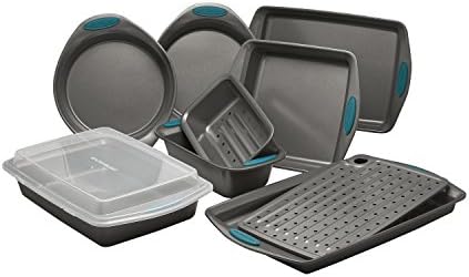 Amazon Com Rachael Ray Nonstick Bakeware Set With Grips Includes Nonstick Bread Pan Baking Pans Cookie Sheet Baking Sheet And Cake Pans 10 Piece Gray With Marine Blue Grips Kitchen Dining