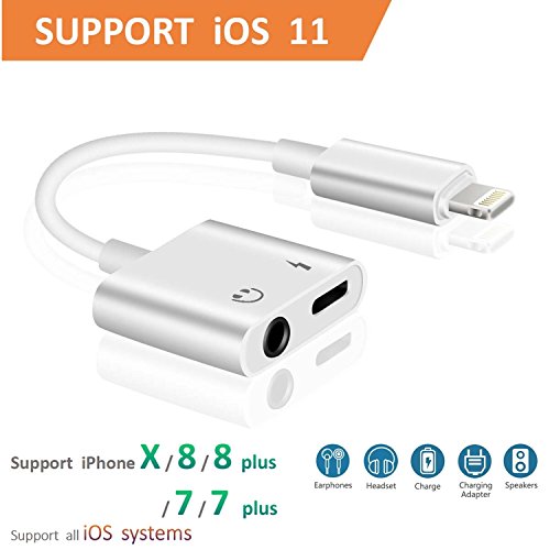Lightning to 3.5mm AUX Headphone Jack Audio Adapter iPhone 7/8 / X / 7 Plus / 8 Plus (Support iOS 10.3, iOS 11), Cone 2 in 1 Lightning Adapter Charger (White)