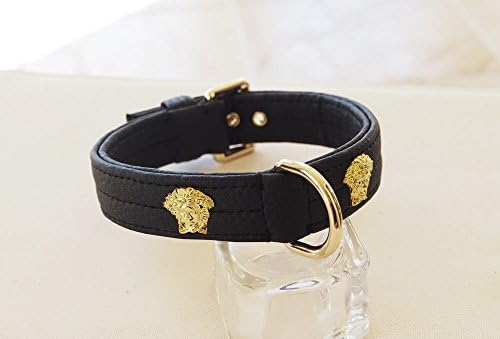 Dog Collar in black with gold medusa heads , vegan leather.