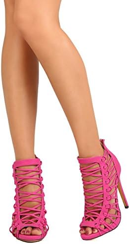 Vigo Fiore FA53 Women Leatherette Peep Toe Caged Stiletto Sandal - Fuchsia (Size: 5.5)
