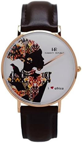 Lifestyle Quartz Watch - I Love Africa - African Woman - Round Rose Gold Case and Black Leather Band