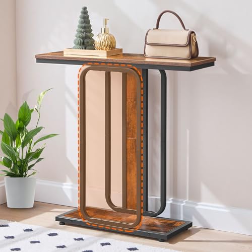 HOOBRO Industrial Style Console Table with Storage Space 2 Tier Geometric Frame Sideboard for Hallway Entryway Living Room Bedroom Rustic Brown Black EBF68XG01