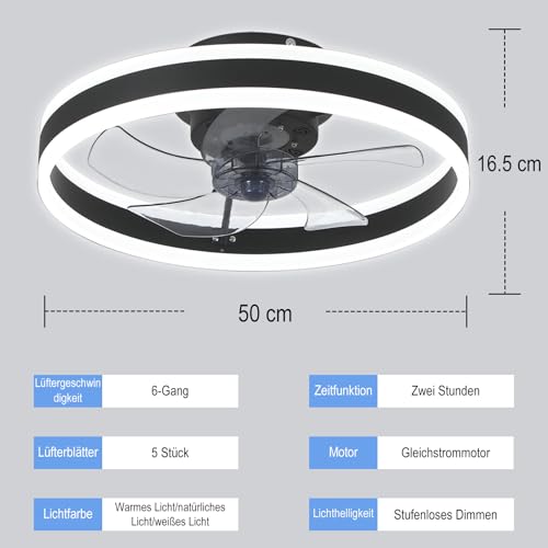 Ceiling Fan with Lighting, Fan Ceiling Light, 3 Colour Temperatures and 6 Speeds LED Ceiling Fan with Lamp, APP/Remote Control, Quiet Dimmable Fan, Ceiling Light (Black, 50 cm)