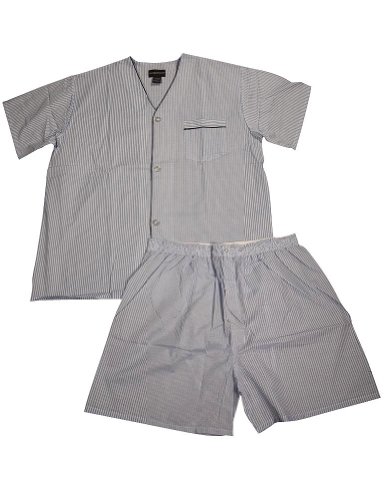Botony 500 - Mens Short Sleeve Knee Length Striped Broadcloth Pajamas, Light Blue, White 34679-Medium
