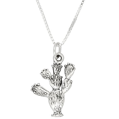 Sterling Silver Oxidized Double Sided Prickly Pear Cactus Charm Pendant with Box Chain Necklace (30 Inches) - Thumbnail 2