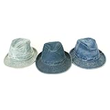 ililily Vintage Washed Denim Cotton Classic Structured Fedora Hat (fedora-513)